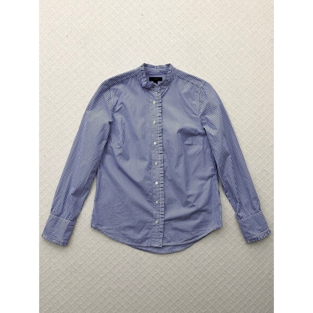 J.Crew Ruffle Poplin Shirt Blue White Striped Cotton Button-Up Womens 4 - Picture 2 of 7